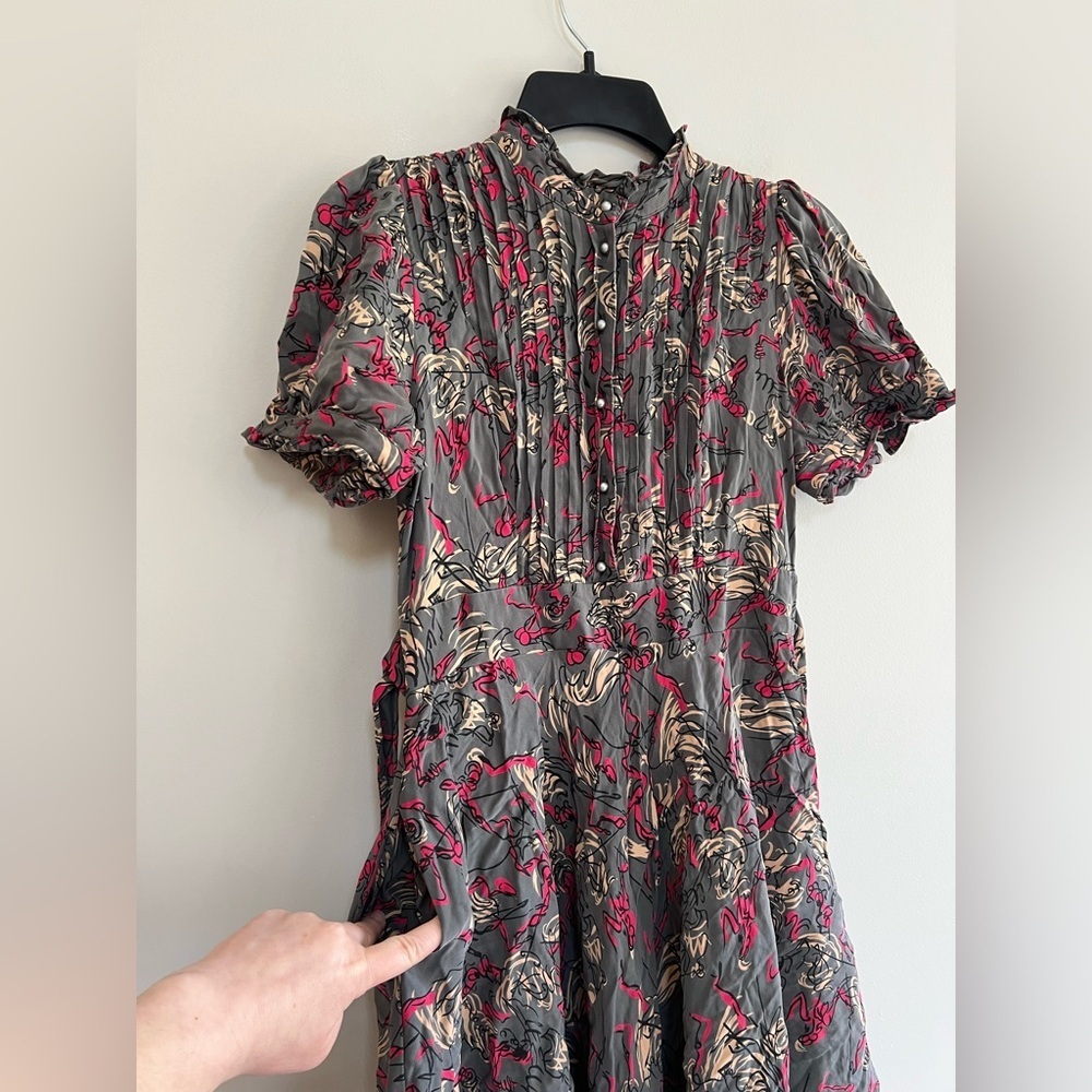 Anthropologie Vtg 2009 Button Front Short Sleeve Silk Dress Belt Pockets Gray, 6 - Picture 7 of 10